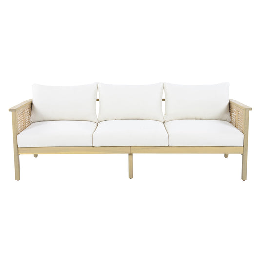 Christopher Knight Home Teras 8-Seater Patio Furniture Set with Removable Cushion, 5 Piece Outdoor Acacia Wood Conversation Set, Sold Wood Outdoor Sectional Sofa Set with Coffee Table,Light Teak+Cream