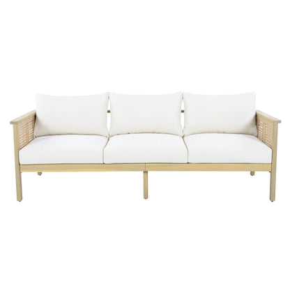 Christopher Knight Home Teras Acacia Wood Outdoor 3 Seater Sofa with PE Wicker Armrest, Solid Wood Patio Sofa with Removable Cushion, Comfy Lounge Sofa for Patio Furniture Set, Light Teak+Beige