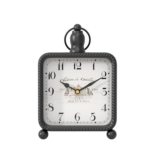 ChimeTide Vintage Black Table Clock on Stand, Desk and Shelf Decor Clock, French Rustic Style Mantel Clocks for Farmhouse, Living Room, Bedroom, Bedside, Gift (8.5" H x 5.5" W)