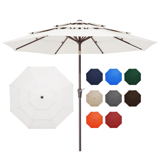 JEAREY 9FT 3 Tier Patio Umbrella Outdoor Market Umbrella Table Umbrellas with 8 Ribs 1.5 Pole Push Button Tilt and Crank UV Protection for Garden,Off-white