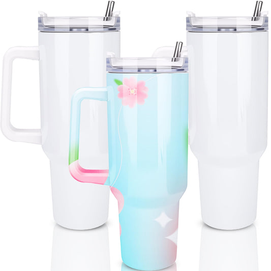 Fallhork 3 Pack 40 oz Sublimation Tumblers with Handle and Straw Lid Stainless Steel Blanks White Large Tumblers Coffee Cup for DIY Craft Heat Press Print