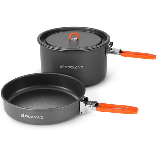 Odoland Camping Cookware Mess Kit - Non-Stick Lightweight Camping Pot and Fry Pan Set with Mesh Bag for Backpacking, Outdoor Cooking and Picnic, for 3-4 People