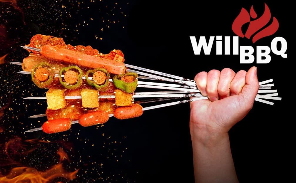 WILLBBQ 304 Stainless Steel 13.2" (33.5cm) Flat Barbecue Skewers,20PCS/40PCS BBQ Kebab Skewers with Portable Metal Storage Tube,Reusable for Grilling Barbecue Kitchen Party and Outdoor Cooking (40PCS)
