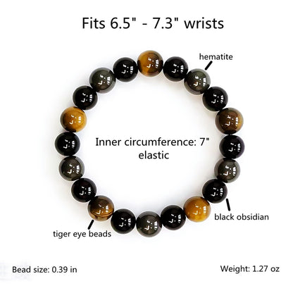 WEFRIN Triple Protection Bracelet for Bring Luck and Prosperity Hematite Black Obsidian Tiger Eye Stone Bracelets for Men Women, Beaded Buddha Healing Rope Uni Bracelet (2pcs)
