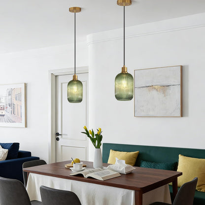 2 Pack Pendant Lights with Vintage Green Ribbed Glass Lampshade, Adjustable Brushed Gold Pendant Lights Fixtures for Kitchen Island Lighting Sink, Dining & Living Room Hallway (Bulbs Not Included)