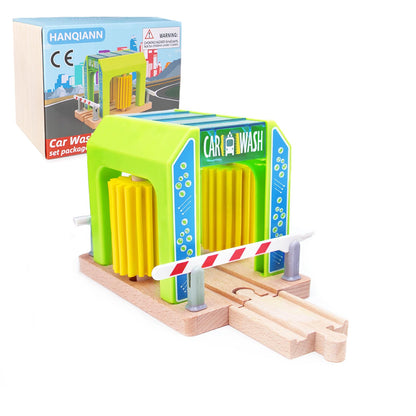 Wooden Car Wash Station with Train Truck,Expansion Pack Compatible with Railway Train Set,Wooden Toy Train Accessory for Kids Age 3 and Up