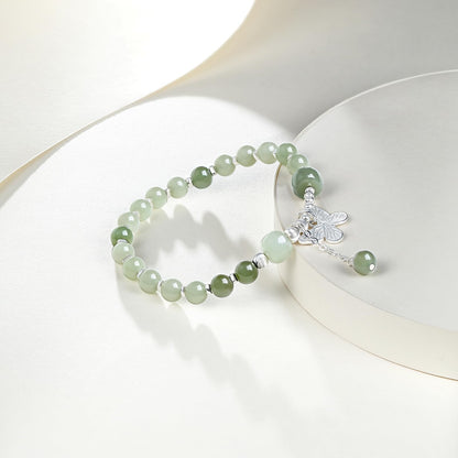 ZHOU LIU FU Sterling Silver Jasper Beaded Bracelets for Women S925 Silver Green Gemstone Bead Butterfly Stretch Bracelet Mom Birthday