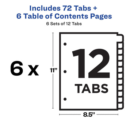 Avery 12 Tab Dividers for 3 Ring Binders, Customizable Table of Contents, Multicolor Tabs, 6 Sets (11196)