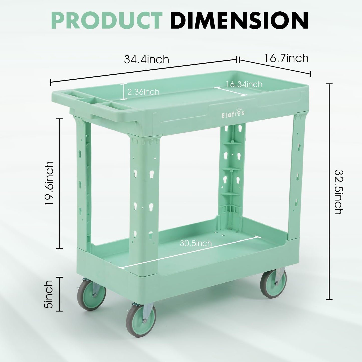 ELAFROS Rolling cart, Utility Trolley, 34 x 17 in Plastic Cart with 2 Deep Tub Shelves, Full Swivel Wheels, 550 lbs Capacity, Mint Green