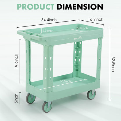 ELAFROS Rolling cart, Utility Trolley, 34 x 17 in Plastic Cart with 2 Deep Tub Shelves, Full Swivel Wheels, 550 lbs Capacity, Mint Green