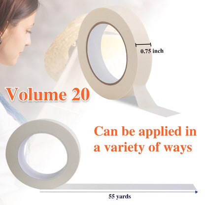 Volkach Masking Tape, 20 Packs White Masking Tape, 0.75 Inch X 55 Yards X 20 Rolls, 1100 Yards in Total. for General Purpose Use, Painting, Crafting, School Stationery, Arts, Home Use etc.