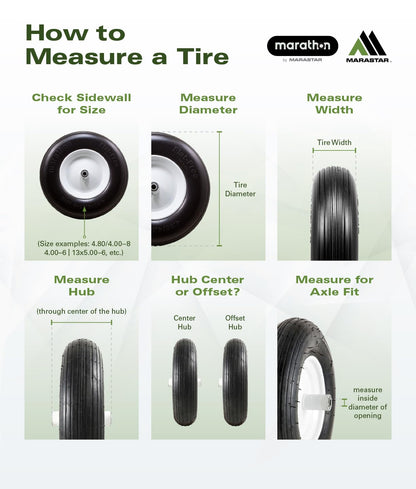 Marathon 00026 Flat Free 2.80/2.50-4 Tire and Wheel Assembly, 3” Centered Hub, 1/2” Ball Bearings, Replacement Tire for Casters, Utility Carts and Other Equipment, Easy Install Assembly