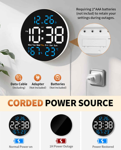 GLOKUUCA 10 Inch Large Digital Wall Clock with 9 Color Changing Remote Control, Date Week Temperature, Auto Brightness Dimmer Big Clock with Night Lights,Blue