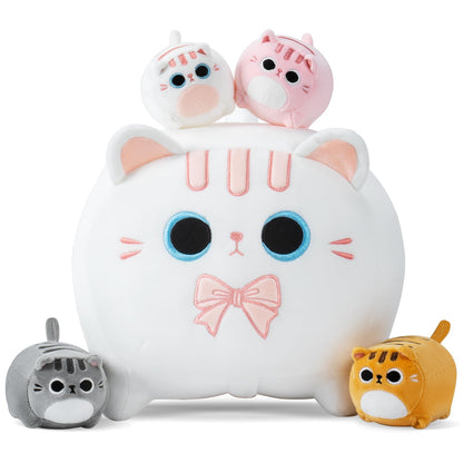 White Cat Plush, 5 PCS Cat Plush Stuffed Animal Family, 16" White Cat Mommy Plushie with 4 Baby Kittens Cat Plushies for Kids, Kawaii Cat Plush Toy Christmas Birthday Gifts for Kids Boys Girls