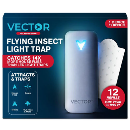 Catchmaster Vector 9 UV Light Plug in Flying Insect Trap - Silent Indoor Bug Catcher for House & Fruit Flies, Gnats & Moths - Mess-Free Easy Setup & Cleanup - with 12 Glue Trap Refills, Year Supply