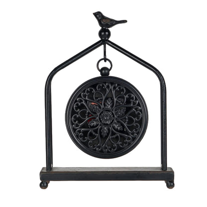 SOFFEE DESIGN 7.5'' x 10'' Mantel Clock Iron Tower Frame, Creative Bird Ornament Tabletop Clock, Silent Clock with Hollow Carved Back Cover for Home Decor, Black