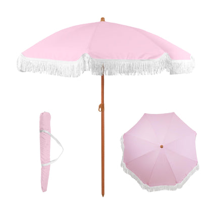 Punchau 6 Ft Fringe Patio Umbrella - Outdoor Umbrella for Patio, Pool, Table, Garden, Deck, and Beach - Push Button Tilt Pole - Fashionable Boho Vintage Tassels and Wood Print - Pink