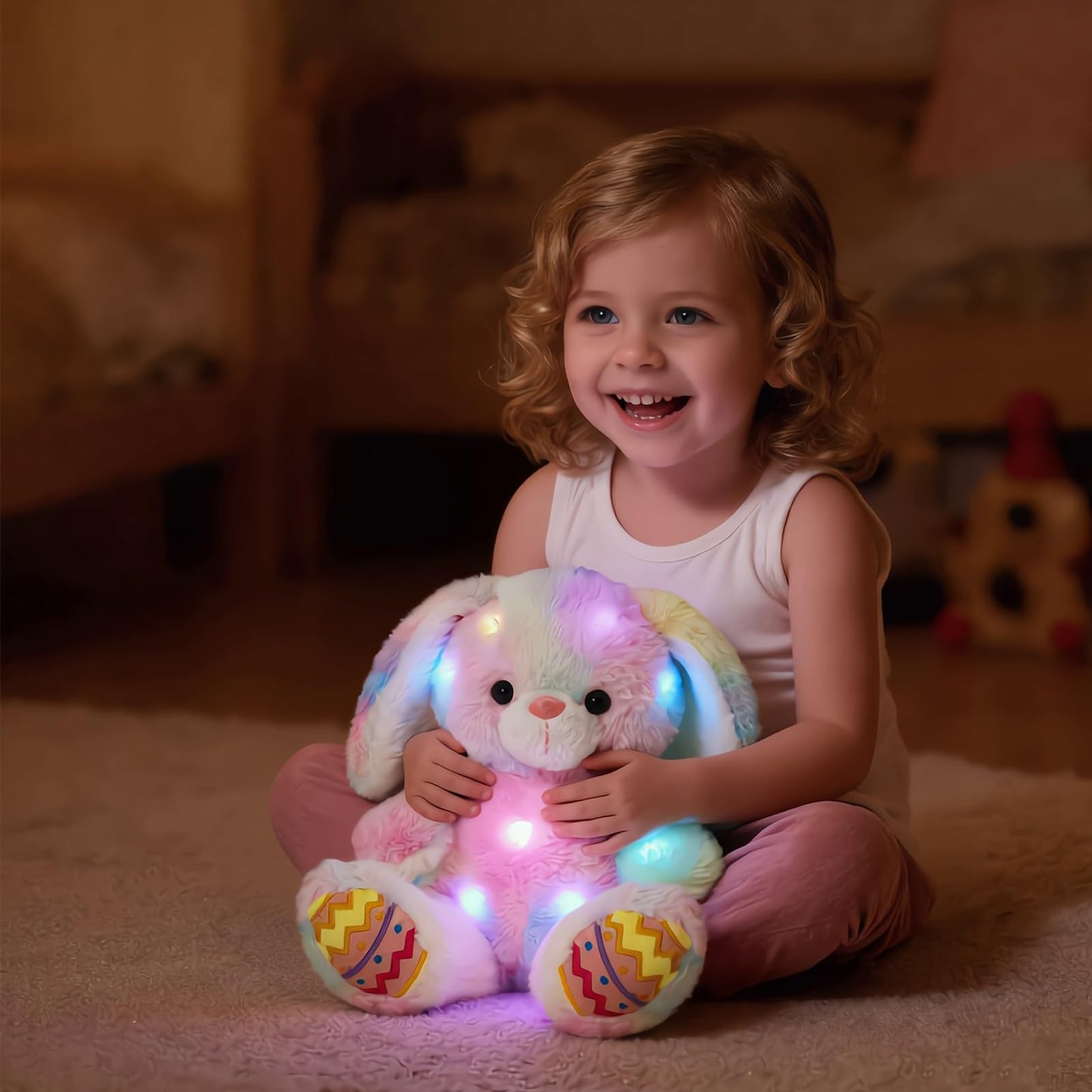 Glow Guards Easter Plush Bunny Stuffed Animal, Musical Light up Rainbow Stuffed Bunny, Singing Rabbit Stuffed Animal Toy with Floppy Ear Bunny Easter Gifts Bedtime Friend for Baby Girls Boys Kids, 10"