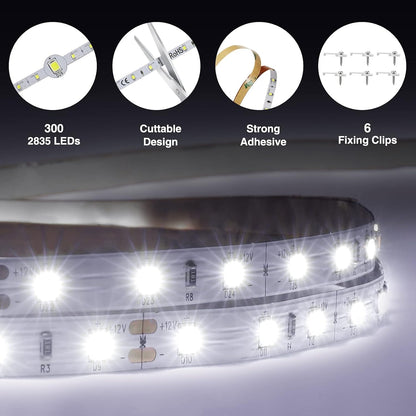 Onforu LED Light Strip,16.4ft Dimmable LED Tape Light, 6000K Daylight White Strip Lighting, 300 LEDs Flexible Vanity Mirror Light, 5M 12V Ribbon Rope Light for Bedroom, Under Cabinet,Kitchen,Christmas