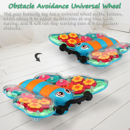 Miracland Transparent Gear Butterfly Toy, Light-up Bump & Go Car Toy Toddler Musical Toy 3D Gears Butterfly Crawling Toy for Kids with Lights and Music