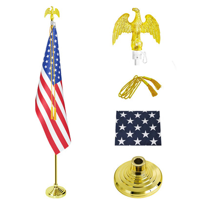 SCZS Indoor Flag Pole Kit - Telescoping 6FT-8FT Flag Pole with Base, 3x5 FT American Flag, Eagle Topper, Gold Braided Cord Tassel - Glod Flagpole and Stand, for Office School City Hall(1Pack)