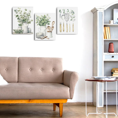 3 Pcs Botanical Plant Canvas Wall Art, Aesthetic Boho Wall Decor Framed Prints for Bedroom Living Room Decor, Sage Green Eucalyptus Leaf Tableware Prints for Office, Housewarming Gifts 11.5x15 Inch