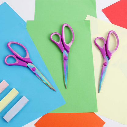 Zicolu 8.5" Scissors All Purpose, Multipurpose Office Scissors Set of 3 Pack, Titanium Coating Sharp Blade, Soft Comfort-Grip, Ideal for Fabric, School, Home, Craft & Sewing, Right/Left Handed, Purple