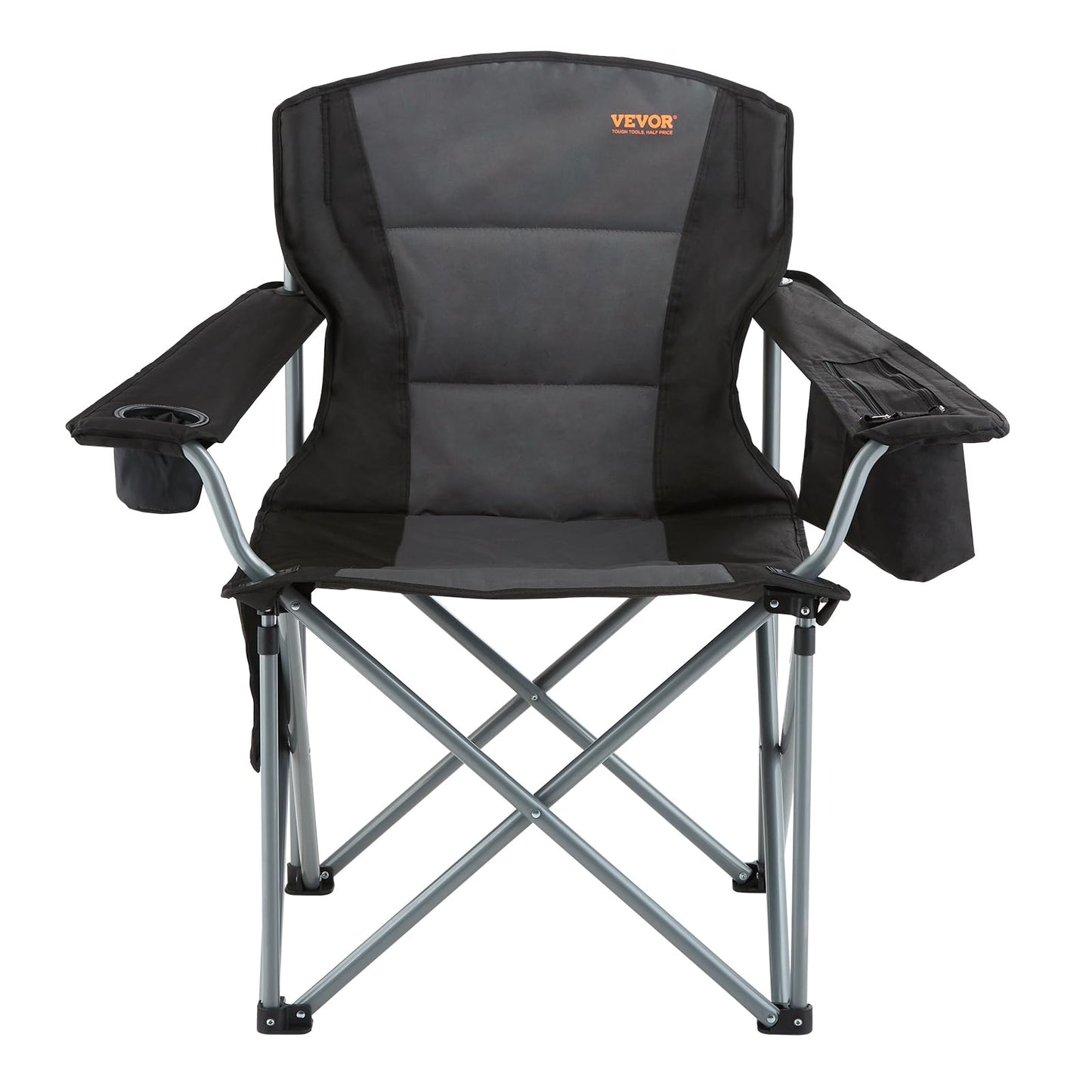 VEVOR Oversized Camping Folding Chair, Portable Heavy Duty Outdoor Quad Lumbar Back Padded with Side Pockets, Cup Holder and Cooler Bag for Beach, Lawn, Picnic, Fishing, Backpacking, Black
