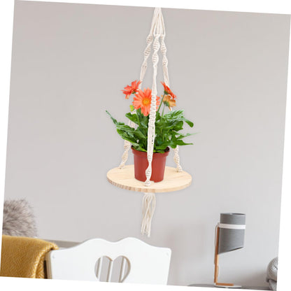 SOLUSTRE Boho Macrame Hanging Shelf Tassels Natural Wood Floating Plant Pot Holder for Indoor Wall Decor 24 Diameter Cotton Rope Design for Flower Pots and Home Decoration