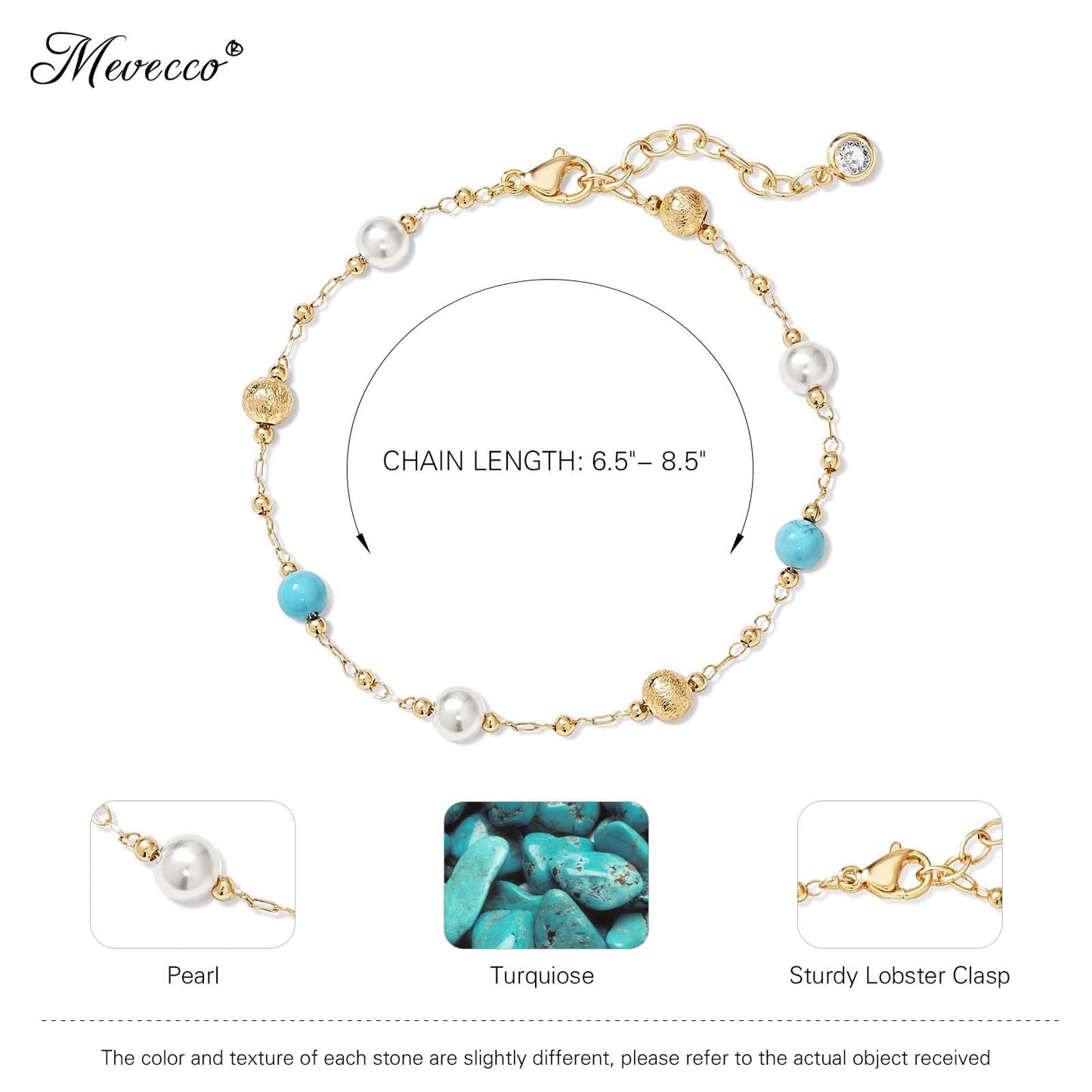 MEVECCO Gold Bracelet for Women 18K Gold Plated Pearl Turquiose Stone Custom Handmade Mixed Beaded Charm Chain Bracelet Stack Jewelry Gifts