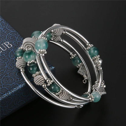 PEARL&CLUB Beaded Chakra Bangle Turquoise Bracelet - Fashion Jewelry Wrap Bracelet with Thick Silver Metal and Mala Beads, Birthday Gifts For Women(Jade Green)