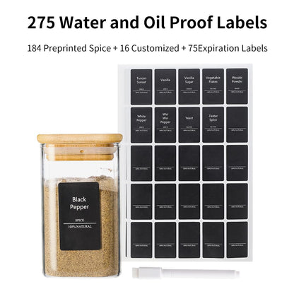 Homtop 16Pcs 9oz Spice Jars Glass Container with 275 Labels, Airtight Seasoning Empty Organizer with Bamboo Lid Set for Pepper, Salt, Sugar