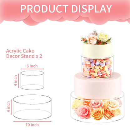 NPPLUS 2PCS Acrylic Fillable Cake Stand Cake Riser Cake Tier, Round Cylinder Display Riser Display Box, Decorative Centerpiece for Wedding Birthday Party (10" Dx4 H inch, 6" Dx4 H inch)