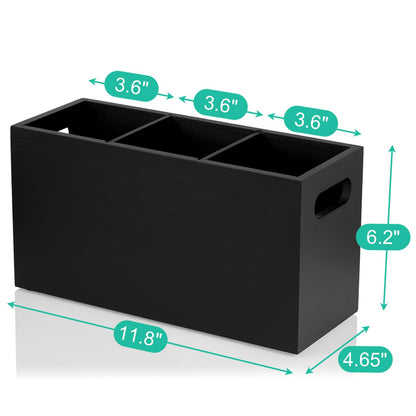 ALELION Black Kitchen Utensil Holder for Countertop - Wooden Large Utensil Caddy Organizer for Counter - 3 Compartment Cooking Utensil Crock for Silverware Spoon Spatula