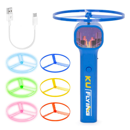 FunisFun Electric Disc Launcher with 6 Flying Spinners for Adults & Kids, Rechargeable Glow in The Dark Disc, Outdoor Fun Fidget Cat Fetch Toys for Pets Interactive Hunting