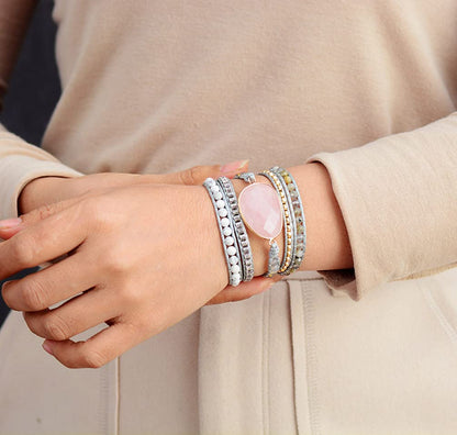 ZOSOJONA Women Wrap Bracelet Boho Natural Jasper Crystal Stone Beads Strand Bracelets (Pink Quartz)
