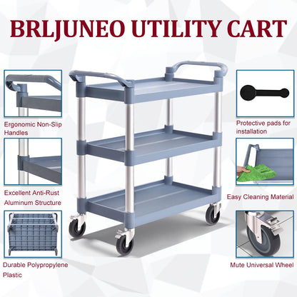 BRLJUNEO Plastic Utility Carts with Wheels, 3-Tier Medium Size Restaurant Food Cart, Heavy Duty 510lbs Capacity Rolling Service Cart w/Hammer for Commercial, Kitchen, Office (Lockable Wheels, M-Grey)