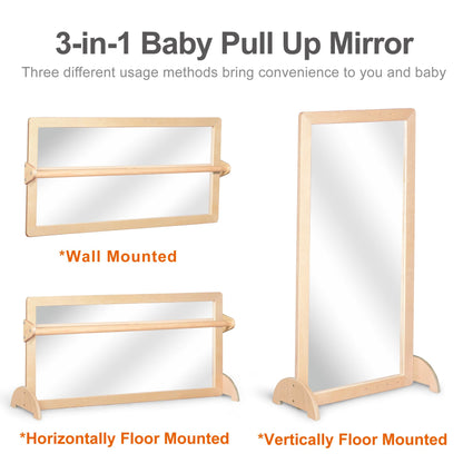 KRAND 3-Position Montessori Wood Frame Non-Shatter Safety Pull Up Bar Baby Big Mirror Set, Infant Coordination Mirror, Kids Classroom Furniture for Daycare, Homeschool or Preschool