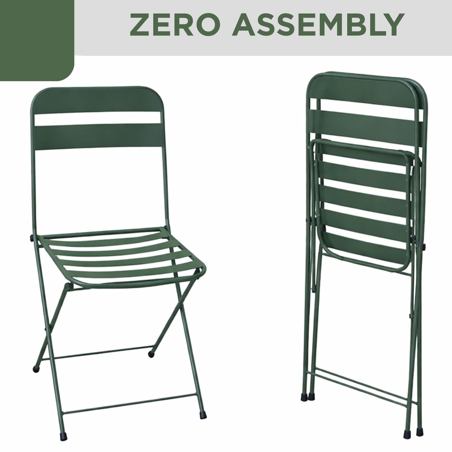 Alpine Corporation VTFAM168A-GN 3-Piece Green Metal Folding Bistro Set – 20" Round Patio Table with 2 Folding Chairs – Portable Indoor/Outdoor Balcony & Garden Furniture Set