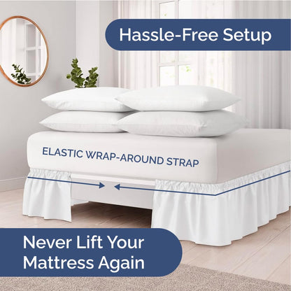 Wrap Around Dust Ruffle Bed Skirt - White - for Queen Size Beds with 15 Inch Drop - Easy Fit Elastic Strap - Adjustable Pleated Bedskirt w/Brushed Fabric - Wrinkle Free - for Women, Men, Kids & Teens