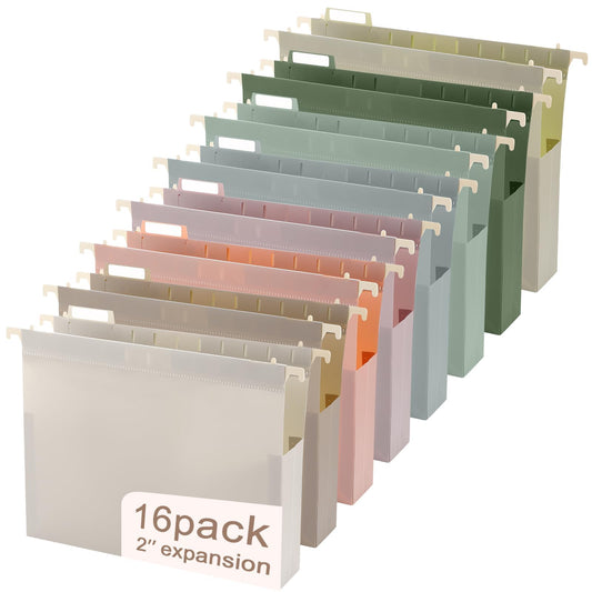 gisgfim 16 Pack Plastic Hanging File Folder Letter Size 2inch Expanding File Folders with Tabs Extra Capacity Hang Folders Heavy Duty for Filing Cabinet Designed for Bulky Files Morandi Colors