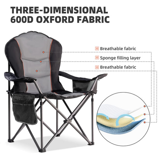 Foristrail Large Camping Chair with Side Table Heavy Duty 500LBS - Folding Outdoor Chair with Cooler Bag (Black & Gray, 1 PCS)