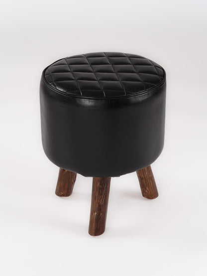 Handmade Eco-Friendly Geometric Buffalo Leather & Wood Black Round Ottomon Stool 18"X14"x14" from BBH Homes