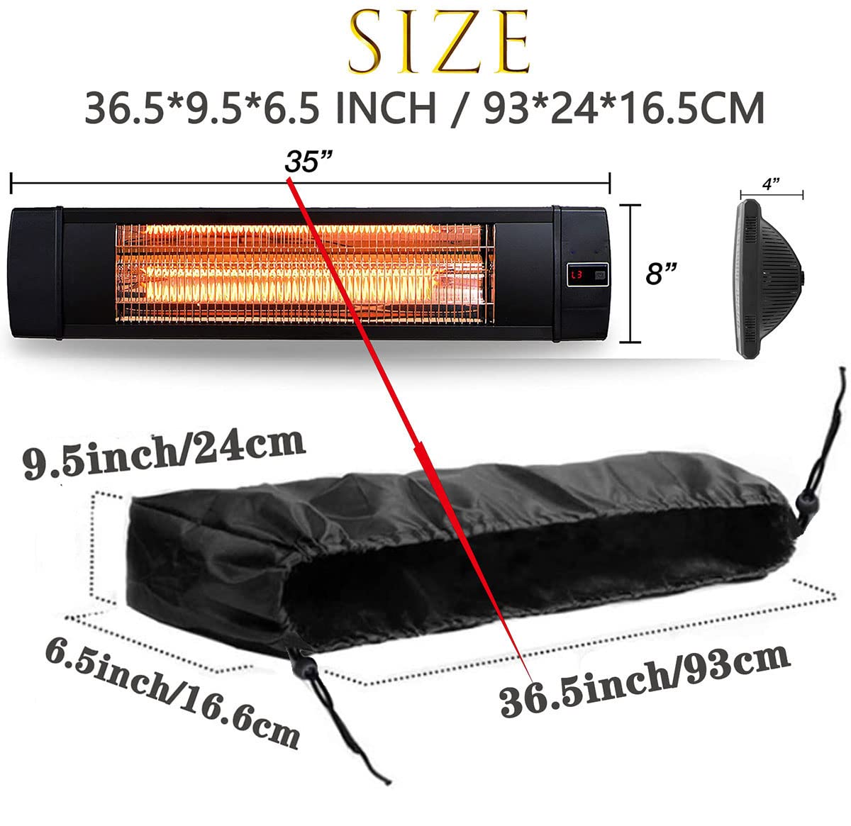 Wall-Mounted Patio Heater Cover - Black 36.5''L *9.5''H *6.5 '' W Electric Heater Cover,420D Oxford Waterproof Dustproof Infrared Heater Covers for Indoor Outdoor Garage Backyard Hanging Patio Heaters