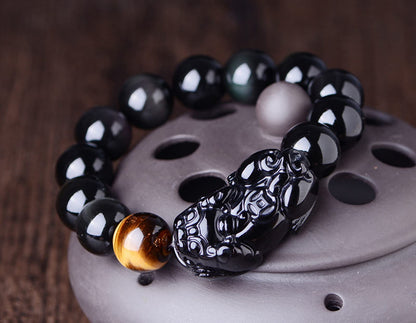 TTXSHYH Black Obsidian Bracelet,Feng Shui Black Obsidian Wealth Bracelet,Women Men Stretch Obsidian Bracelet with Pixiu Tiger Eye Stone Attract Wealth Money and Good Luck