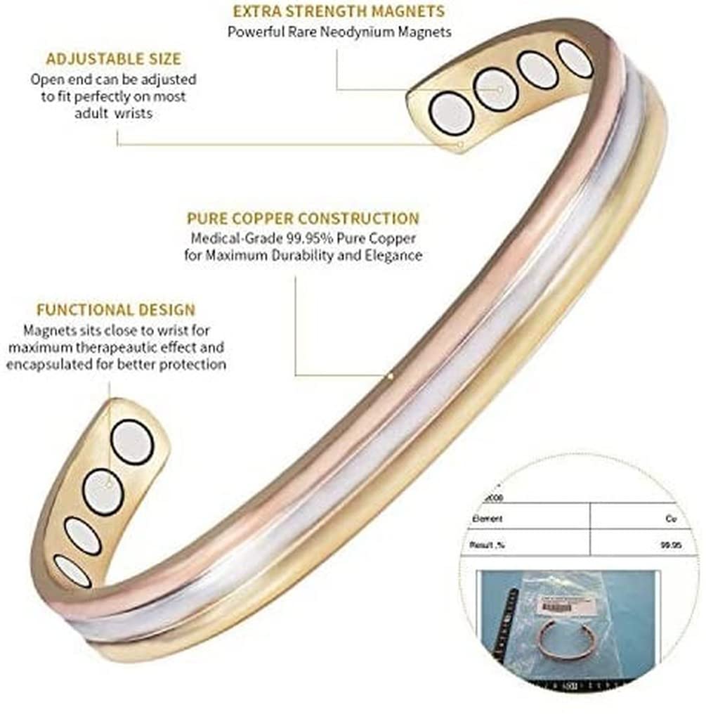 YINOX (CPB-0945SRG CPR-0013) Tri Tone Magnetic Copper Bracelet Ring Set for Arthritis for Women Health Jewelry