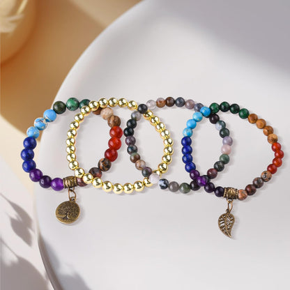 JTK Design Natural Semi Precious Gemstone beads bracelet for women Seven Chakra Healing Crystal Stretch Stackable Bracelets with Yoga Charms 4in1 set