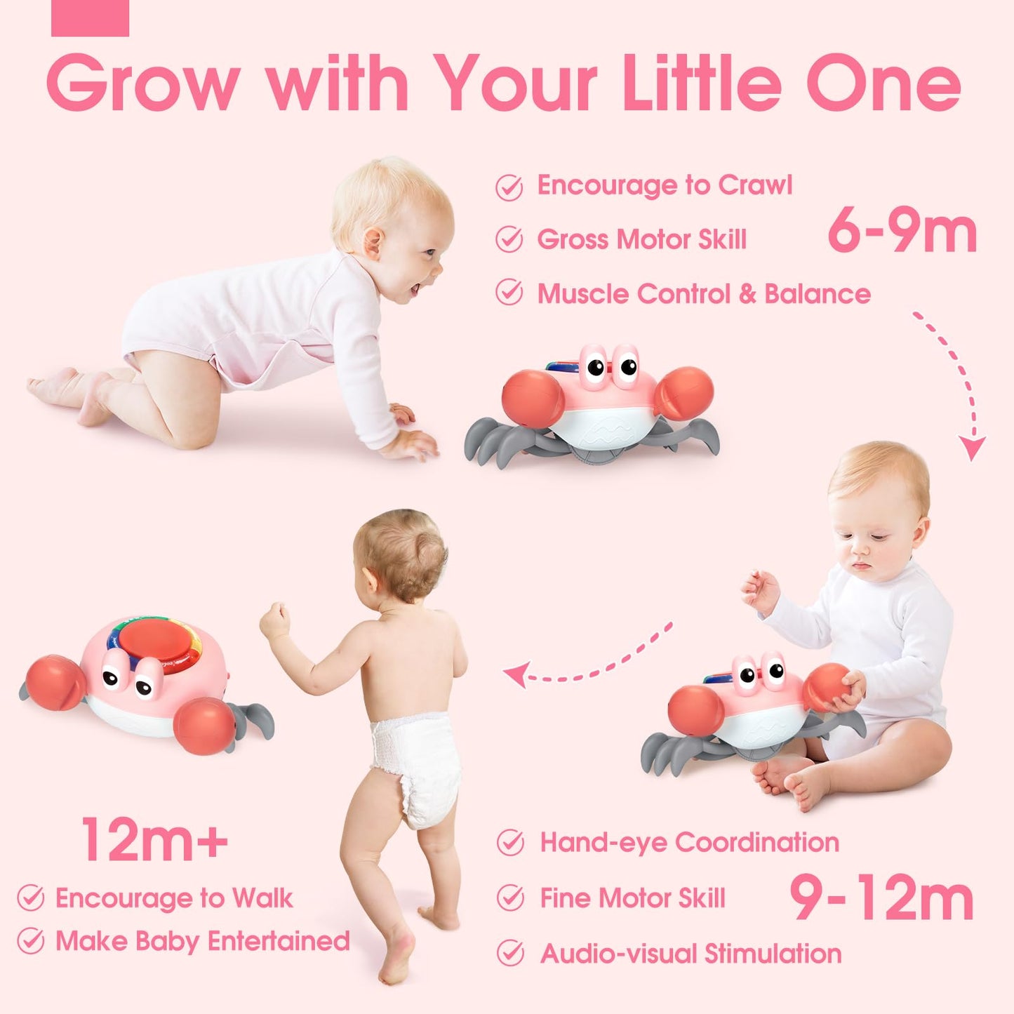 Musical Crawling Crab Baby Toy - Tummy Time Toys for 6-12 Months Boy Girl, Light-up Walking Dancing Moving Crab Toys for 1 Year Old Baby Educational Learning, Crawly Crab Gift for 12-18 Months Infant