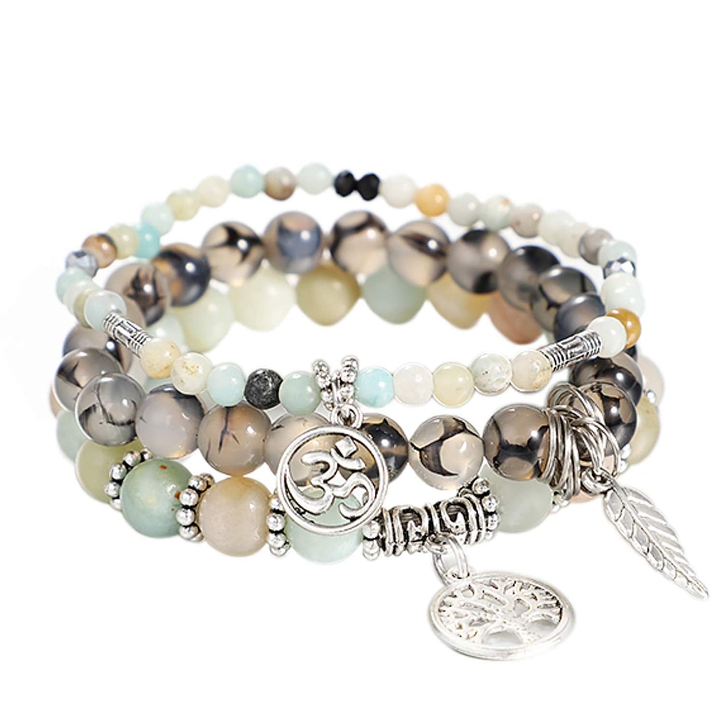 UEUC Tree of Life Yoga Leaf Jasper & Tibetan Agate Gemstone Bracelet, Multi-Layer Natural Stone Healing Chakra Beaded Bracelet, Energy Balance Friendship Bracelet Set