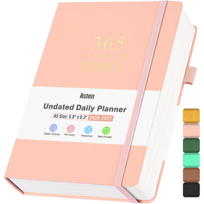 Undated Daily Planner 2024-2025, ADHD & Work Planner for Women & Men, Hourly Goal Setting, Hardcover, Start Anytime, A5, Pink